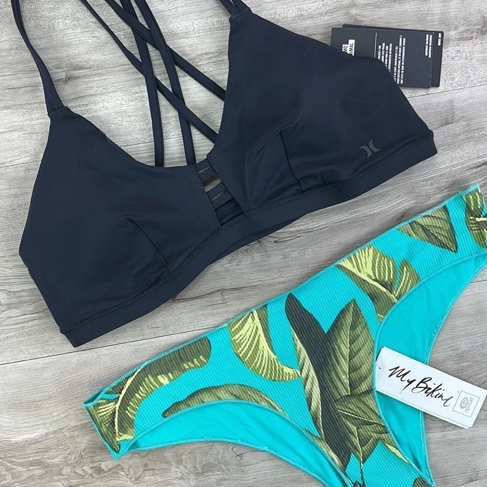 ☀️HURLEY☀️BLACK SPORT TOP COCO BEACH CHEEKY HIP BIKINI SET